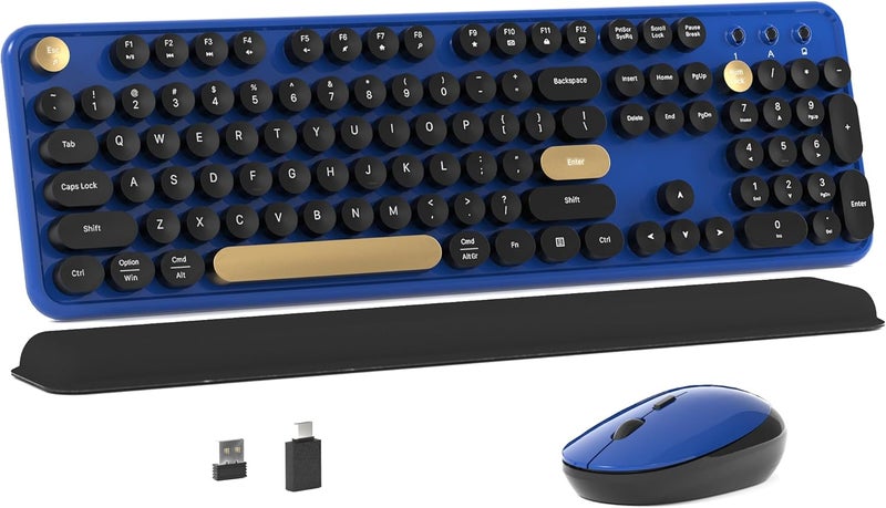 MPTOG Colorful Wireless Computer Keyboard and Mouse Combo with Round Typewriter Keycaps, Retro Design, Power Switch, Ergonomic Design, 2.4GHz Wireless for Windows, Mac, PC(Black-Blue) - Image 1